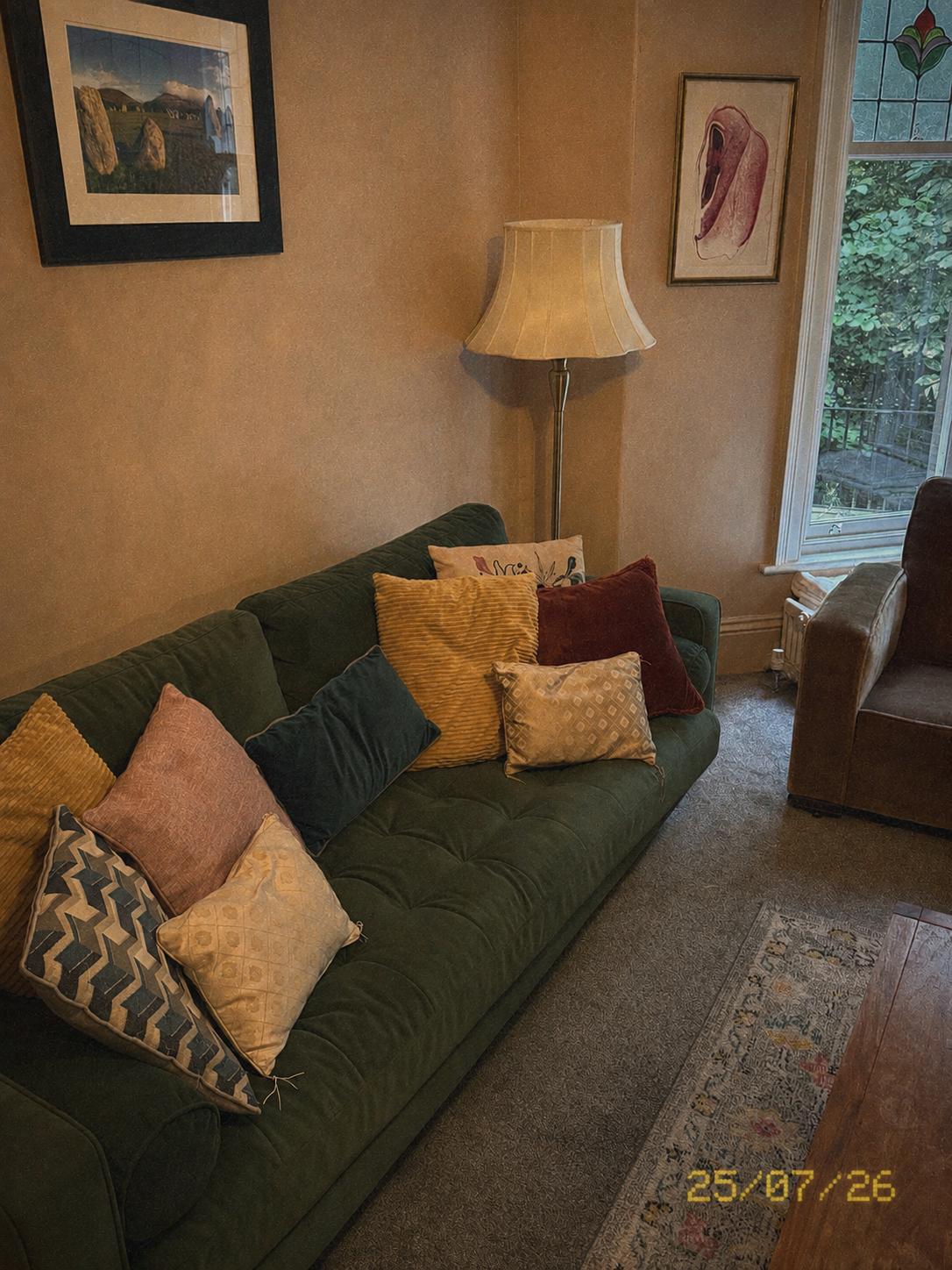 Deep green velvet sofa with velvet cushions in the sitting room
